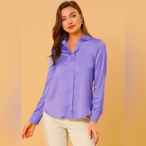 Allegra K Women's Satin Blouse Elegant V Neck Long Sleeve - Lavender